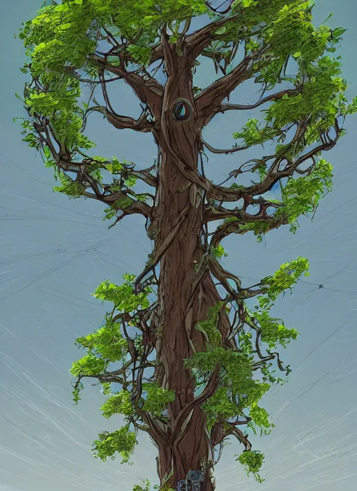 Prompt: a drawing of a tree with a flying saucer above it, concept art by senior environment artist, made of vines, artstation, environmental art, 2 d game art, concept art