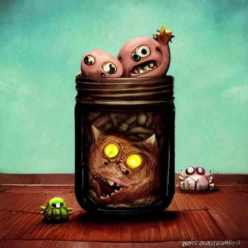 Image similar to cute monster in a jar by Greg Rutkowski, product photography, centered, studio lightning