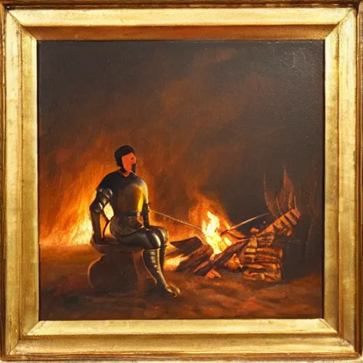 Prompt: an oil painting of a knight, sitting by a campfire at night, highly detailed