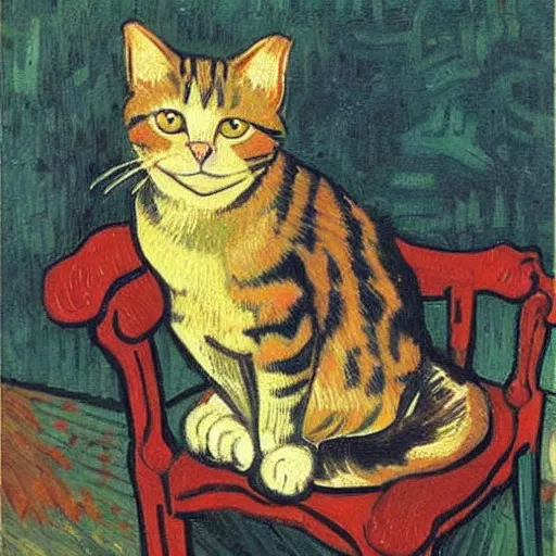 Image similar to painting of a cat on a chair, by Van Gogh