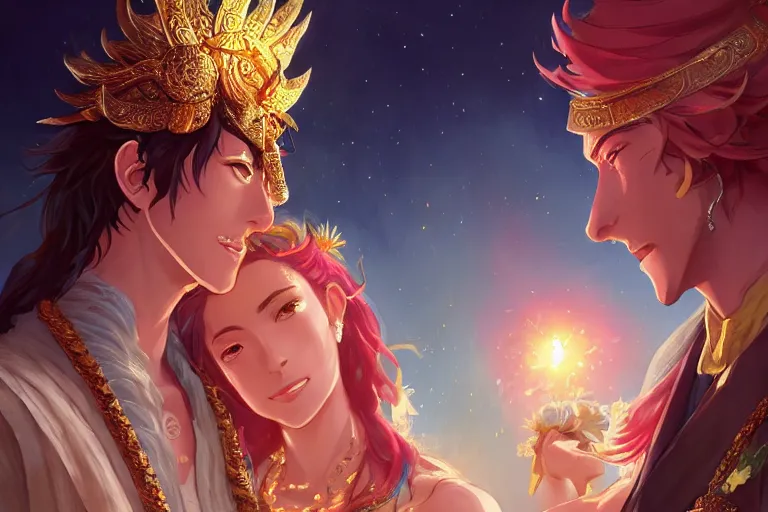 Prompt: close up moment of a divine a sun god and a moon goddess lovers magician at a wedding banquet, highly detailed, d & d, fantasy, 4 k realistic, digital painting, trending on artstation, concept art, sharp focus, illustration, art by makoto shinkai and akihiko yoshida and daniel gerhartz