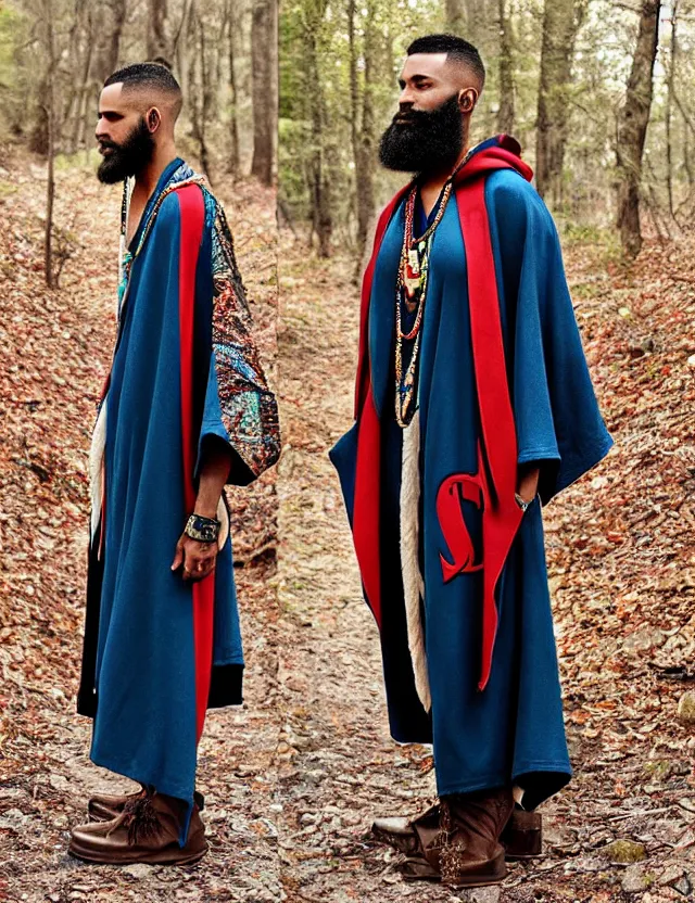 Image similar to longshot full modern detailed colorful cool handsewn textile cloak huge sleeves african american full beard shaved head nature creek river stream stones in the woods marc jacobs gucci robes chains necklace