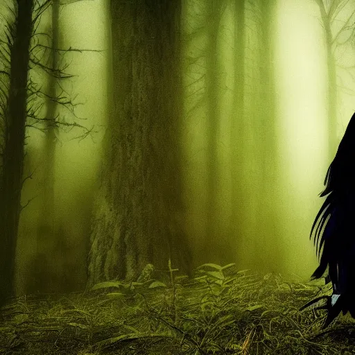 Image similar to ! werecreature that is a mix between human and crow, photograph captured in a forest