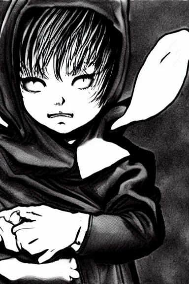 Image similar to attractive little boy wearing an bunny suit, black and white artwork made by kentaro miura