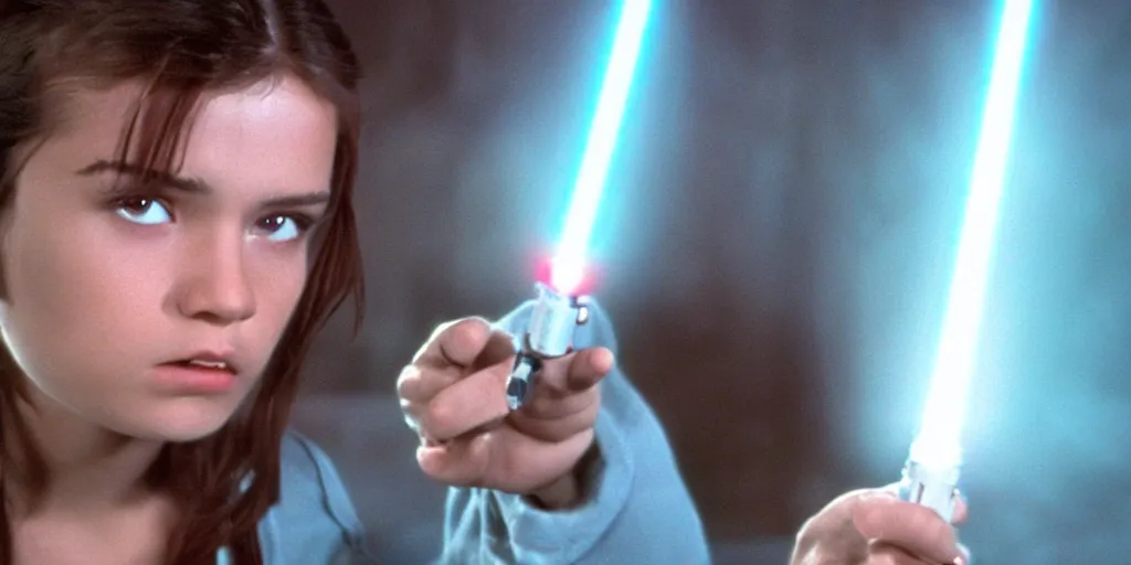 Image similar to a full color still of a teen brunette Jedi padawan holding a lightsaber hilt with laser bolts flashing by, cinematic lighting, 1999, directed by Steven Spielberg, 35mm