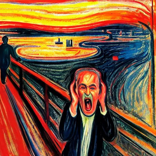 Prompt: portrait of benjamin netanyahu screaming on a bridge, hands on face, sunset, by edvard munch