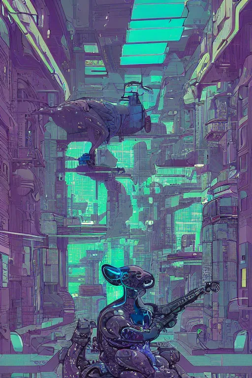 Image similar to A cyberpunk otter cyborg art by Josan Gonzalez, sci-fi, highly detailed, digital painting, artstation, smooth, sharp focus, illustration, concept art by Josan Gonzalez and James Gurney and Mœbius