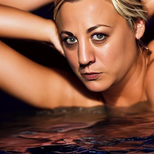 Image similar to kaley cuoco swimming, photography, studio lighting, night, 4 5 mm lens, high resolution 8 k,