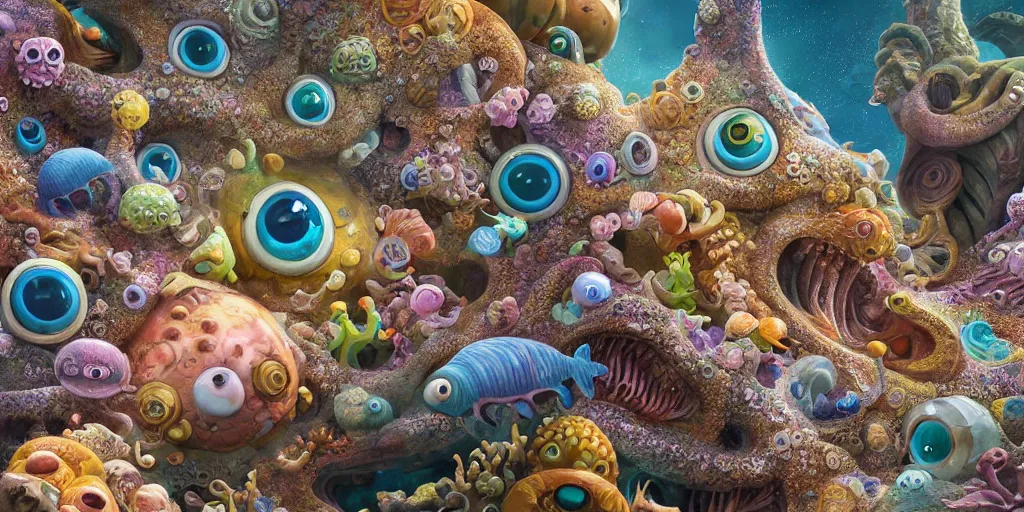 Image similar to of an intricate sea reef with strange cute friendly happy creatures with huge eyes, mouth, long tongue, round teeth and goofy face, appearing from the background, in the style of gehry and gaudi, macro lens, shallow depth of field, ultra detailed, digital painting, trending artstation, concept art, illustration, cinematic lighting, photorealism, epic, octane render