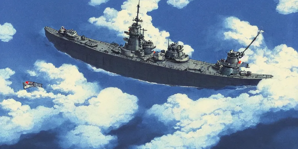 Image similar to japanese battleship fuso flying between clouds, by studio ghibli, dynamic composition, dramatic lighting, hyperrealistic, ultra detailed, nitro colors