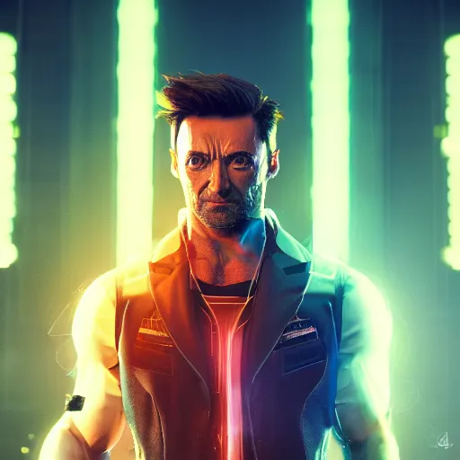 Image similar to hugh jackman portrait, cyberpunk 2 0 7 7, photorealistic, ultra detailed, neon, octane rendered, bokeh, cinematic lighting, cyber, cyberpunk city, feature, scars, cyberface, 8 k