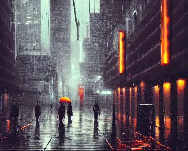 Image similar to rainy autumn day in the city in the style of cyberpunk noir art deco