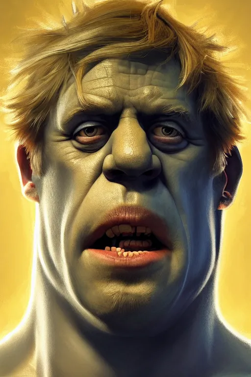 Prompt: Boris Johnson as Hulk, visible face, Boris Johnson hairstyle, full body realistic portrait, gold and blue, highly detailed, digital painting, artstation, concept art, smooth, sharp focus, illustration, cinematic lighting, art by artgerm and greg rutkowski and alphonse mucha