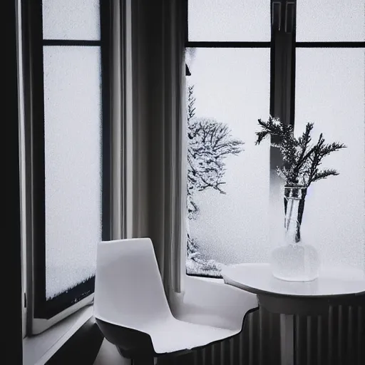 Prompt: “snowy scene low lighting through a window, the room is all white, small table and chair, low light, peaceful scene, environment concept, 4K, UHD”