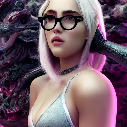 Prompt: a beautiful + blonde + dragon queen + white hair + cool black glasses + holding pistol + tights + ana de armas + black pink, floating under the deep dream water, beautiful smooth soft light + white petal, oil paint, cinematic lighting, octane render, unreal engine 5, closeup, 4 k, highly detailed, instagram,