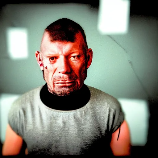 Prompt: grainy photo of an ugly man, wearing bionic implants, cyborg, cyborg, cyborg, criminal, gray background