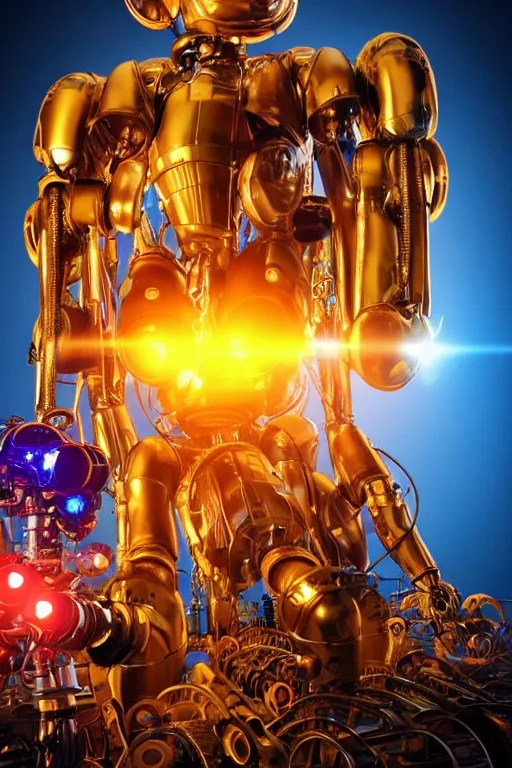 Prompt: portrait photo of a giant huge golden and blue metal humanoid steampunk robot singer with headphones and big gears and tubes, robot is falling apart, eyes are glowing red lightbulbs, shiny crisp finish, 3 d render, 8 k, insaneley detailed, fluorescent colors, background is multicolored lasershow