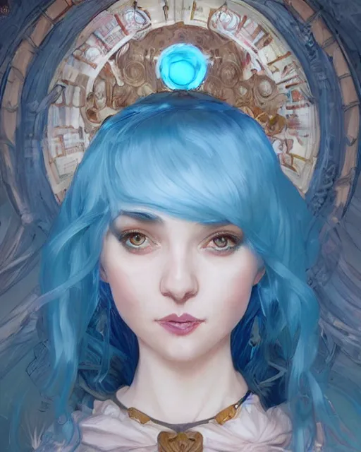 Prompt: symmetrical portrait of a pretty girl with blue hair dressed as alice and wonderland, digital painting, 8 k, concept art, art by wlop, artgerm, greg rutkowski and alphonse mucha