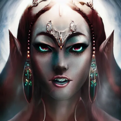 Prompt: majestic and regal portrait of a beautiful demon goddess!!, epic, 8 k, extreme details, sharp focus, elegant, volumetric lighting, volumetric fog