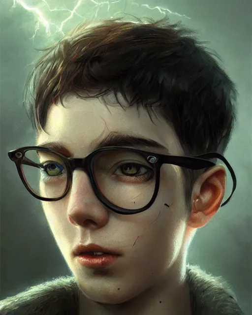 Prompt: boy thin face, black hair, and green eyes. round glasses, lightning bolt scar on forehead, hyper realistic face, beautiful eyes, fantasy art, in the style of greg rutkowski, intricate, hyper detailed, smooth