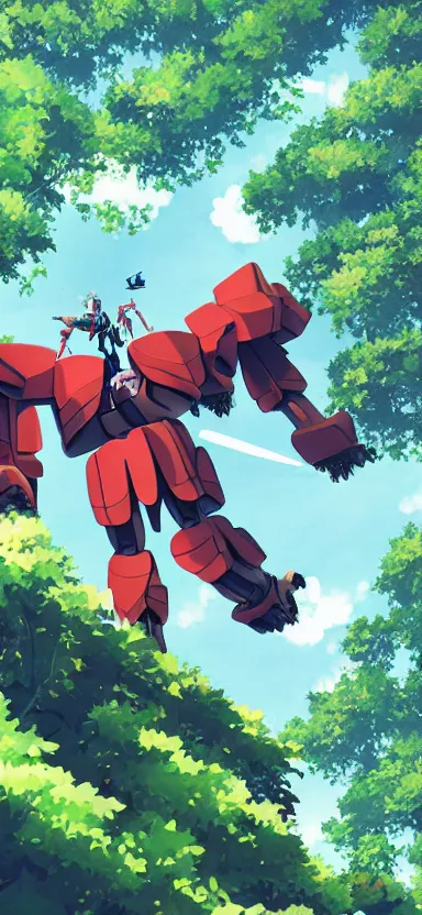 Image similar to pilot looking up at giant humanoid plant mech, coming through treetops, forest, key art, sharp lines, towering above a small person, aesthetic, anime, trigger, shigeto koyama, hiroyuki imaishi