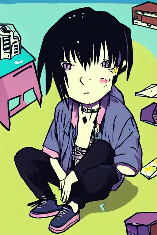 Prompt: goth chibi anime goth guy sitting on the floor of a cluttered 9 0 s bedroom, vaporwave colors, lo - fi, concept art, smooth, detailed, toon shading, cel shading, animation, 4 k, hd,