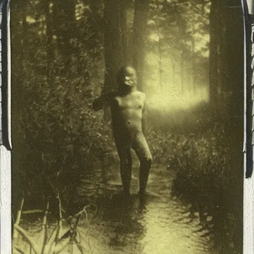 Image similar to creepy lovecraftian monster in swamp, 1910 Polaroid photo