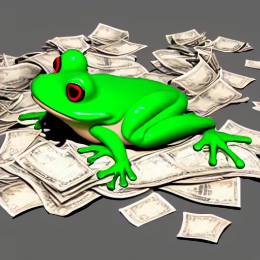 Image similar to A girl in a frog costume is drowning in money real render