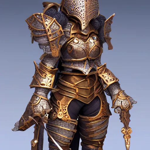 Image similar to A poppet paladin, trending on artstation, highly detailed, 8k, beautiful, dynamic lighting, detailed face, ornate armor, crochet skin