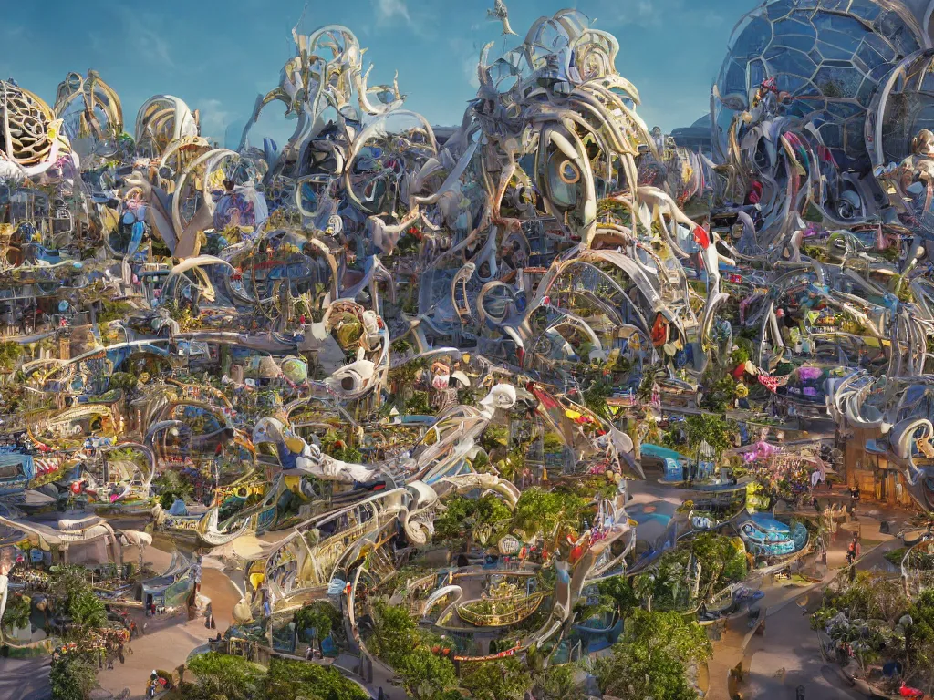 Image similar to a busy elaborate ornate outdoor science museum, cinematic, shadows, 4 k, detailed, by zaha hadid and lisa frank and peter jackson and ridley scott and beeple and greg rutowski