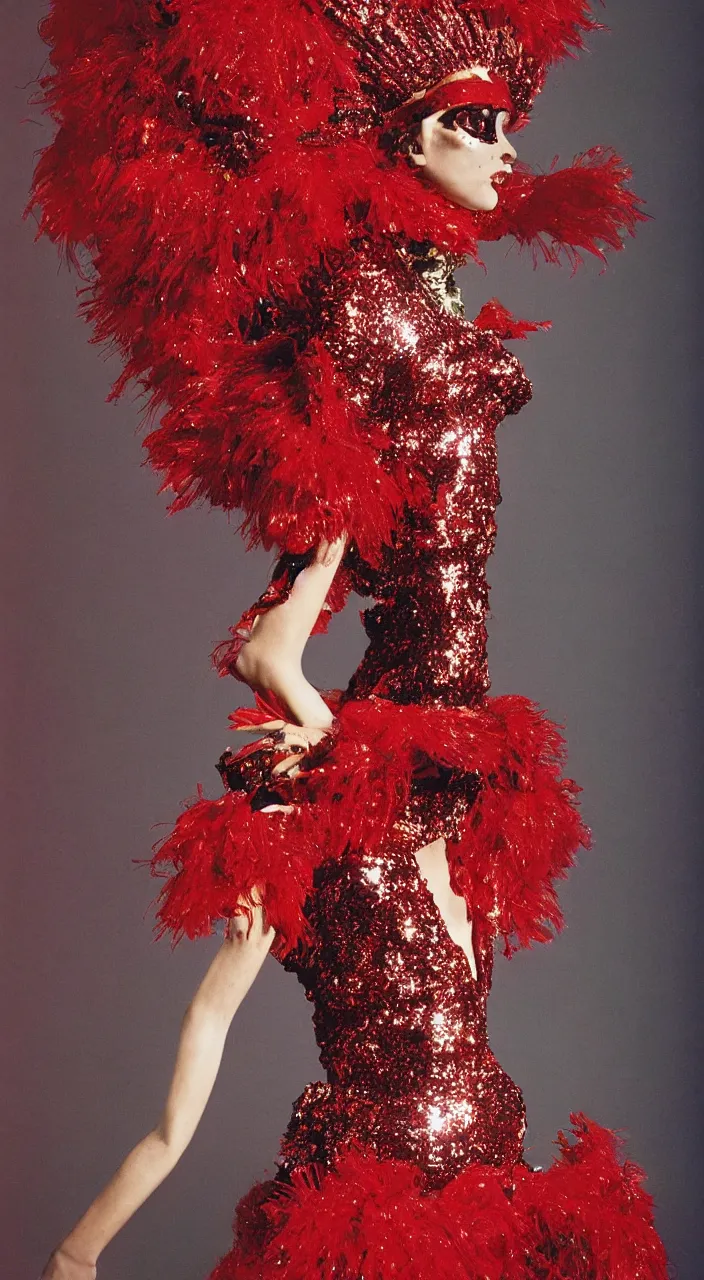 Image similar to a fashion character design wearing a red sequined bodysuit, alexander mcqueen headdress, costume by eiko ishioka, haute couture, steven outram, colorful and psychedelic