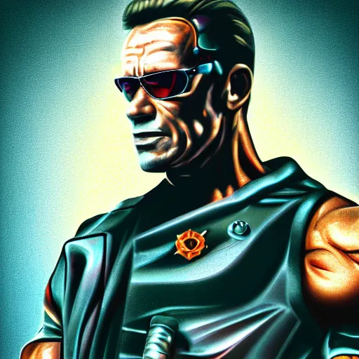 Image similar to cyberpunk arnold schwarzenegger as the leader of a futuristic communist society, cybernetics, sharp lines, digital, artstation, colored in