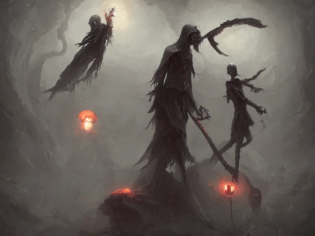 Image similar to the grim reaper stealing the soul from a humanoid mushroom. Dark fantasy art by Greg rutkowski. Trending on artstation