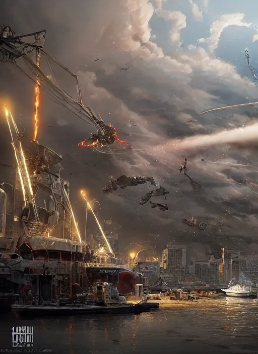 Image similar to hyper realistic squid robot attacking cape town city harbor explosions, atmospheric beautiful details, strong composition painted by kim jung giu weta studio rutkowski, james gurney and greg rutkowski, and lucasfilm