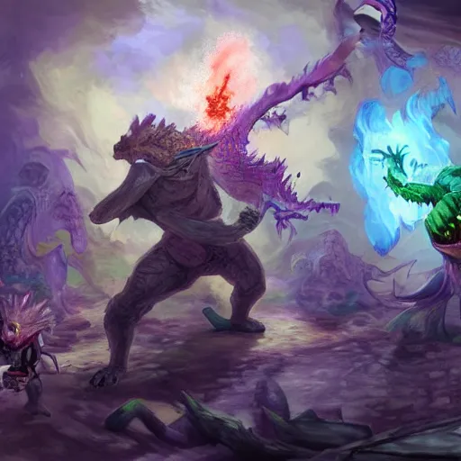 Prompt: ginger man in a purple t-shirt fights a fire breathing dragon in a room filled with dragon eggs, painted, by Hidetaka Miyazaki, high fantasy, concept art, magic the gathering style