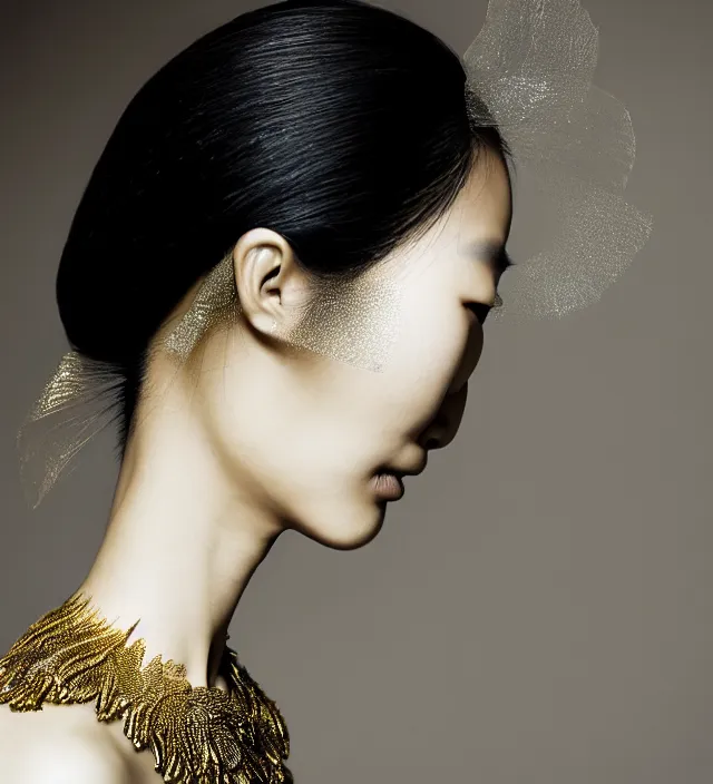 Image similar to photography face profil portrait of a beautifull asian woman, half in shadow, natural pose, natural lighting with rim light, no flash, wearing an ornate transparent and metallic original creative dress with coloth convolution by iris van herpen, highly detailed, skin grain detail, high detail, photography by by paolo roversi, creativity in fashion design