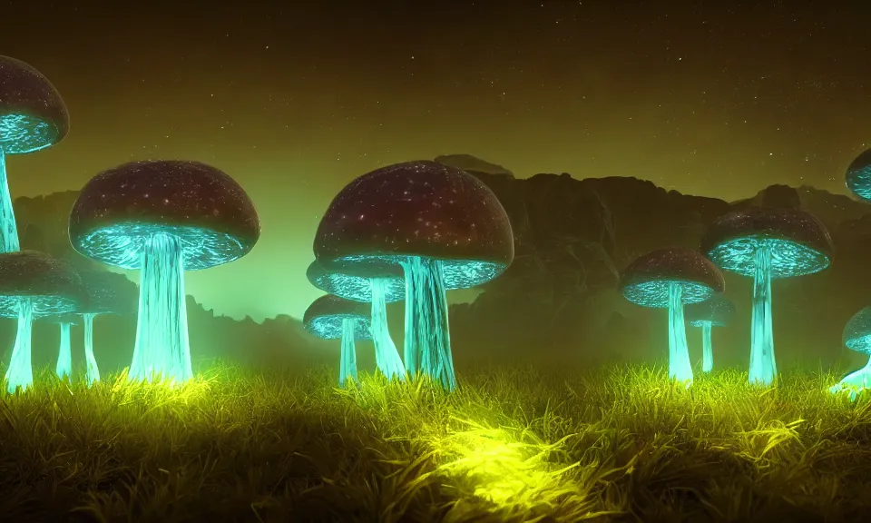 Image similar to large bioluminescent mushrooms on an alien landscape with glowing spores, atmospheric lighting, unreal engine 5, uhd wallpaper 4k