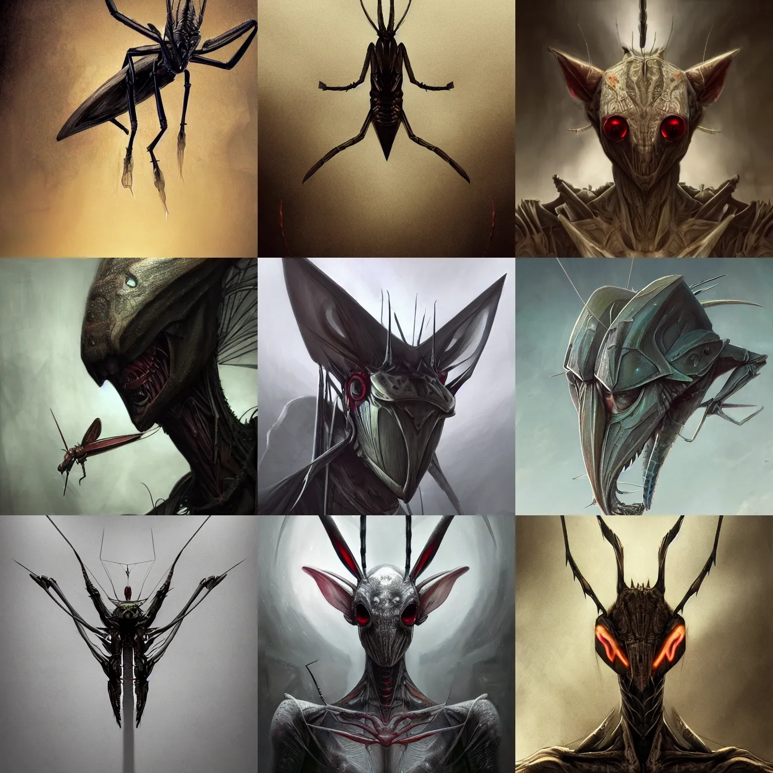 Prompt: a concept art of a mantis assassin, flat triangle - shape hestiasula head, triangular head with thin thread - like antennae, mantid features, anatomically correct, hyperrealistic, fantasy art, moody lighting, by greg rutkowski, giger, ian miller, deviantart, trending on artstation, concept art, sharp focus, octane render