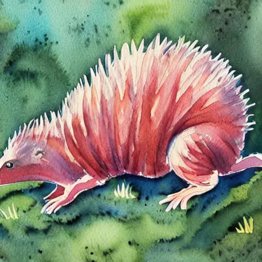 Prompt: beautiful professional watercolor painting of an echidna