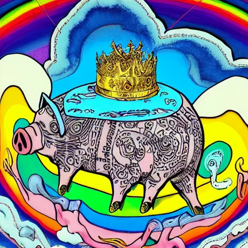 Image similar to trippy comic art of a pig wearing a gold crown sleeping on a rainbow in the sky with white clouds, drawn by Martin Rowson, Tim Burton, Studio Ghibli, Alex Pardee, Nekro Petros Afshar, James McDermott, colors by lisa frank, unstirred paint, vivid color, cgsociety 4K