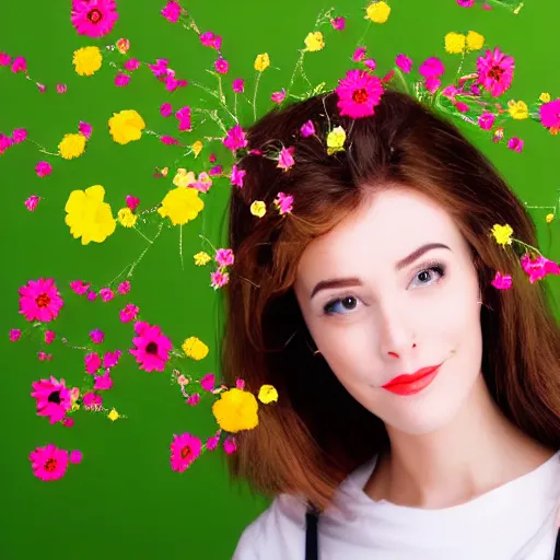 Image similar to female robot face with flowers instead of antennas