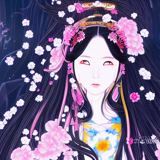 Prompt: portrait of the japanese moon princess kaguya hime with long flowing black hair wearing an ornate pink kimono with intricate floral patterns, touhou character design by ross tran, yoshitaka amano artstation
