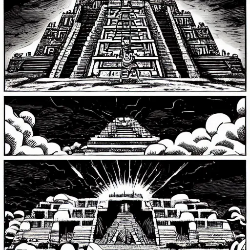 Prompt: precisely drawn illustration of a Mayan temple, wide angle, sharp, fine details, French comic style, cyberpunk, intense line art, 8k, precise linework, realistic, in the style of Richard Corben and Moebius