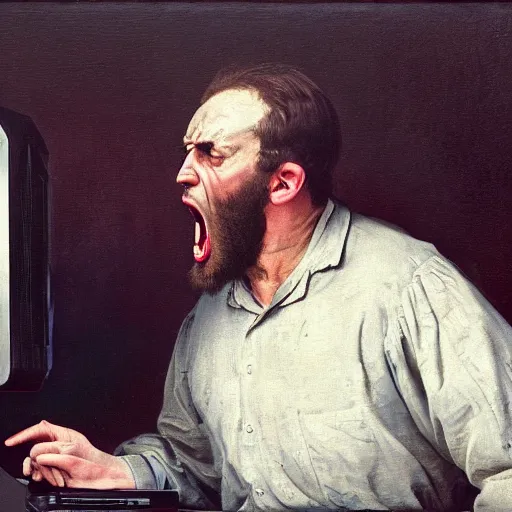 Image similar to an angry man yells at his computer monitor, oil on canvas, 1 8 8 3, highly detailed, high resolution