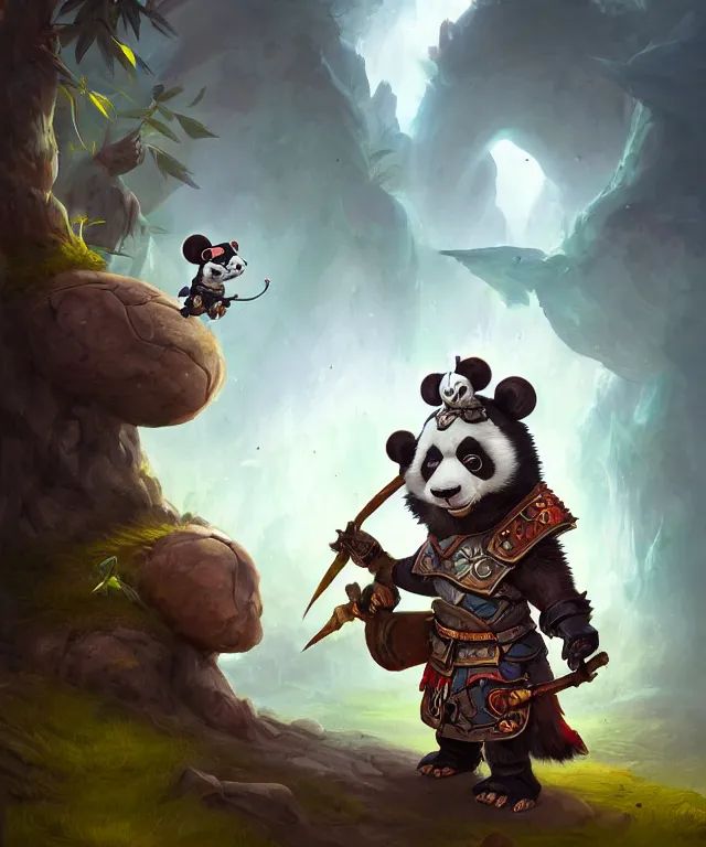 Image similar to a portrait an anthropomorphic panda samurai, wearing armor with spiked shoulders, small mouse companion, landscape in background, dnd character art portrait, world of warcraft style, by peter mohrbacher, cinematic lighting