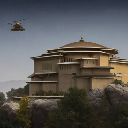 Prompt: modernist beige house inspired by tibetan palace, built like a stadium with atrium in the middle, on a hill surrounded by big trees, dramatic lighting, artstation, realistic rendering, unreal engine, octane render, raphael lacoste, simon stalenhag, frank lloyd wright, helicopter view