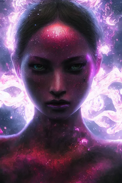 Image similar to a beautiful portrait of a young cosmic Demon women covered in deep purple flames with an intense look on her face by Greg Rutkowski, Sung Choi, Mitchell Mohrhauser, Maciej Kuciara, Johnson Ting, Maxim Verehin, Peter Konig, Bloodborne , 8k photorealistic, cinematic lighting, HD, high details, atmospheric , trending on artstation