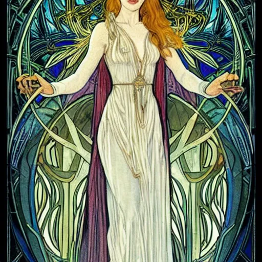 Image similar to cate blanchett as galadriel, mucha style, art nouveau,