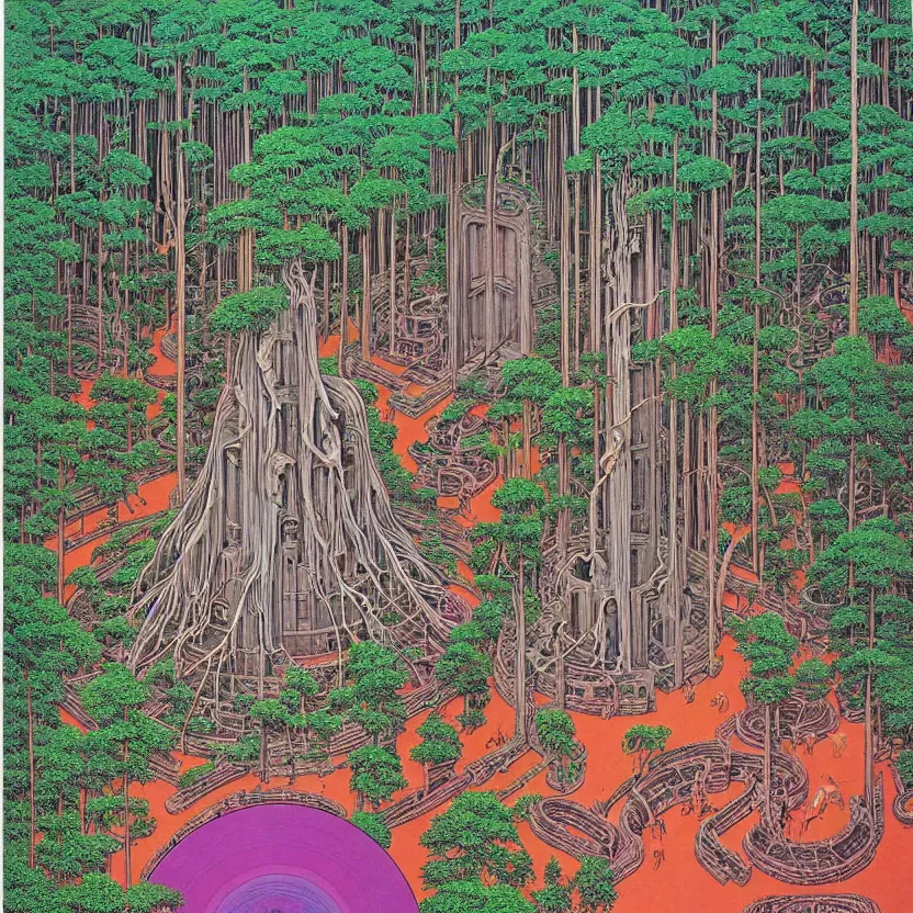 Image similar to ( ( ( ( ( sacred ancient ruins in the forest, overhead view ) ) ) ) ) by mœbius!!!!!!!!!!!!!!!!!!!!!!!!!!!, overdetailed art, colorful, record jacket