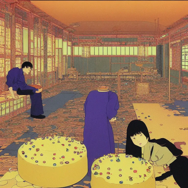 Prompt: a large golden cake in the middle of the room, embedded with spy listening devices planted by the government, acid and dreaming psychedelic hallucinations, by kawase hasui, moebius and edward hopper, colorful flat surreal design, hd, 8 k, artstation